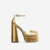 EGO So-Scandalous Diamante Strap Closed Square Toe Extreme Platform Block Heel In Gold Metallic Faux Leather
