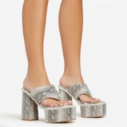 EGO Edge Padded Thong Strap Detail Square Toe Platform Block Heel Mule In Beige Snake Print Faux Leather