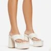 EGO Edge Padded Thong Strap Detail Square Toe Platform Block Heel Mule In Cream Faux Leather -EGO shop 06 01 23 fw42048 sq