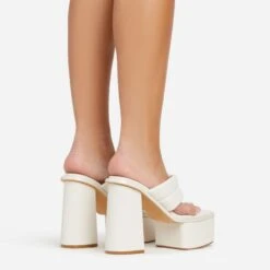 EGO Edge Padded Thong Strap Detail Square Toe Platform Block Heel Mule In Cream Faux Leather -EGO shop 06 01 23 fw42051 sq
