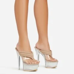 EGO Serena Padded Thong Strap Clear Perspex Platform Stiletto Heel Mule In Nude Nylon -EGO shop 06 01 23 fw42053 s