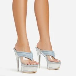 EGO Serena Padded Thong Strap Clear Perspex Platform Stiletto Heel Mule In Blue Denim -EGO shop 06 01 23 fw42063 s