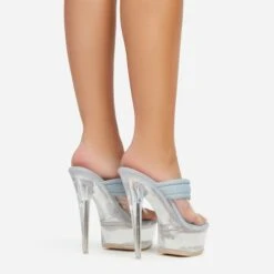 EGO Serena Padded Thong Strap Clear Perspex Platform Stiletto Heel Mule In Blue Denim -EGO shop 06 01 23 fw42066 sb2