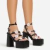 EGO Pansy Triple Strap 3D Flower Detail Platform Block Heel In Black Faux Leather -EGO shop 06 01 23 fw42072 s