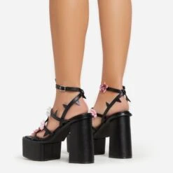 EGO Pansy Triple Strap 3D Flower Detail Platform Block Heel In Black Faux Leather -EGO shop 06 01 23 fw42075 sb