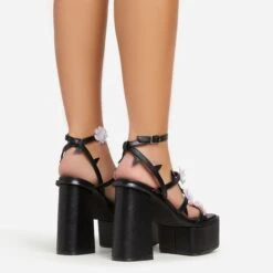 EGO Pansy Triple Strap 3D Flower Detail Platform Block Heel In Black Faux Leather -EGO shop 06 01 23 fw42076 sb