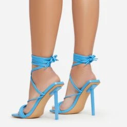 EGO Tiana Lace Up Double Strap Square Toe Stiletto Heel In Blue Faux Leather -EGO shop 06 01 23 fw42127 sb2
