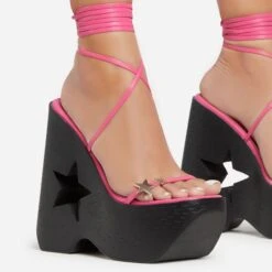EGO Starry-Eyed Lace Up Star Detail Platform Wedge Heel In Pink Faux Leather -EGO shop 06 01 23 fw42146 sq