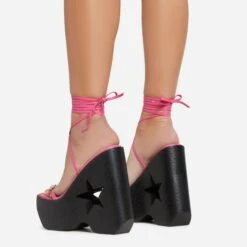 EGO Starry-Eyed Lace Up Star Detail Platform Wedge Heel In Pink Faux Leather -EGO shop 06 01 23 fw42147 sb