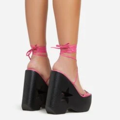 EGO Starry-Eyed Lace Up Star Detail Platform Wedge Heel In Pink Faux Leather -EGO shop 06 01 23 fw42148 sb2