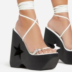 EGO Starry-Eyed Lace Up Star Detail Platform Wedge Heel In White Faux Leather -EGO shop 06 01 23 fw42151 sq