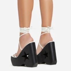EGO Starry-Eyed Lace Up Star Detail Platform Wedge Heel In White Faux Leather -EGO shop 06 01 23 fw42152 sb