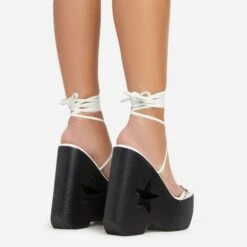 EGO Starry-Eyed Lace Up Star Detail Platform Wedge Heel In White Faux Leather -EGO shop 06 01 23 fw42153 sb2