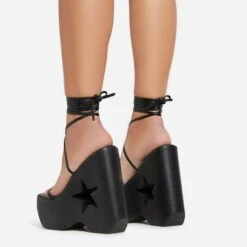 EGO Starry-Eyed Lace Up Star Detail Platform Wedge Heel In Black Faux Leather -EGO shop 06 01 23 fw42157 sb