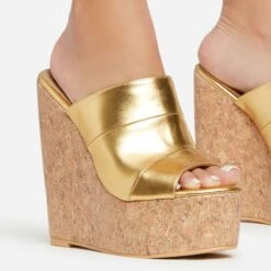 EGO After-Hours Peep Toe Cork Platform Wedge Heel Mule In Gold Faux Leather -EGO shop 06 01 23 fw42167 sq