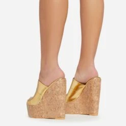 EGO After-Hours Peep Toe Cork Platform Wedge Heel Mule In Gold Faux Leather -EGO shop 06 01 23 fw42168 sq
