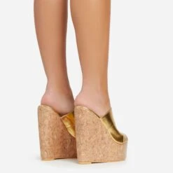 EGO After-Hours Peep Toe Cork Platform Wedge Heel Mule In Gold Faux Leather -EGO shop 06 01 23 fw42169 sq