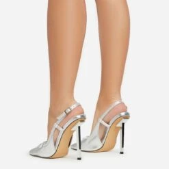 EGO Cruela Lace Up Bow Diamante Stud Detail Pointed Toe Slingback Metallic Stiletto Heel In Silver Faux Leather -EGO shop 06 01 23 fw42209 sb
