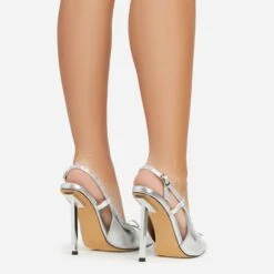 EGO Cruela Lace Up Bow Diamante Stud Detail Pointed Toe Slingback Metallic Stiletto Heel In Silver Faux Leather -EGO shop 06 01 23 fw42210 sb2