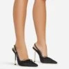 EGO Cruela Lace Up Bow Diamante Stud Detail Pointed Toe Slingback Metallic Stiletto Heel In Black Satin