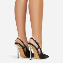 EGO Cruela Lace Up Bow Diamante Stud Detail Pointed Toe Slingback Metallic Stiletto Heel In Black Satin -EGO shop 06 01 23 fw42215 sb2