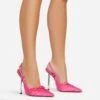 EGO Cruela Lace Up Bow Diamante Stud Detail Pointed Toe Slingback Metallic Stiletto Heel In Pink Satin -EGO shop 06 01 23 fw42217 s