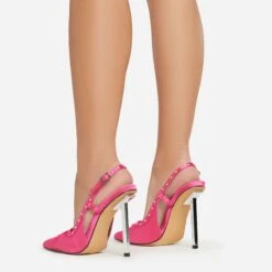 EGO Cruela Lace Up Bow Diamante Stud Detail Pointed Toe Slingback Metallic Stiletto Heel In Pink Satin -EGO shop 06 01 23 fw42219 sb