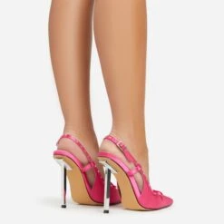 EGO Cruela Lace Up Bow Diamante Stud Detail Pointed Toe Slingback Metallic Stiletto Heel In Pink Satin -EGO shop 06 01 23 fw42220 sb2