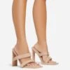 EGO Velma Double Velcro Strap Square Toe Thin Curved Block Heel Mule In Nude Faux Leather
