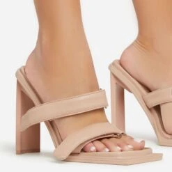 EGO Velma Double Velcro Strap Square Toe Thin Curved Block Heel Mule In Nude Faux Leather -EGO shop 06 01 23 fw42243 sq
