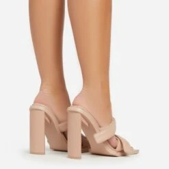 EGO Velma Double Velcro Strap Square Toe Thin Curved Block Heel Mule In Nude Faux Leather -EGO shop 06 01 23 fw42245 sb2
