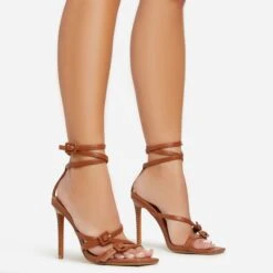 EGO Brady Double Buckle Strap Detail Square Toe Stiletto Heel In Tan Brown Faux Leather