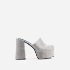 EGO Wilkinson Closed Toe Platform Block Heel Mule In Silver Diamante -EGO shop 06 01 23 fw42390 sq