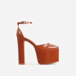 EGO Popped Ankle Strap Square Toe Platform Block Heel In Tan Brown Patent -EGO shop 06 01 23 fw42396 sq