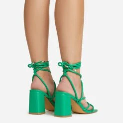 EGO Ballerine Knotted Strappy Detail Lace Up Square Toe Block Heel In Green Faux Leather -EGO shop 06 01 23 fw45988 sq