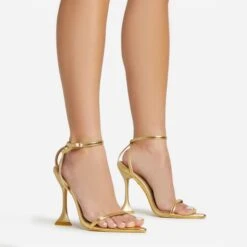 EGO Crew Ankle Strap Pointed Toe Statement Heel In Gold Faux Leather