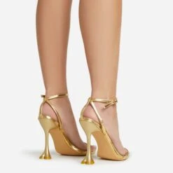 EGO Crew Ankle Strap Pointed Toe Statement Heel In Gold Faux Leather -EGO shop 06 01 23 fw46020 sq