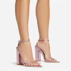 EGO Compass Ankle Strap Pointed Toe Block Heel In Pink Metallic Faux Leather