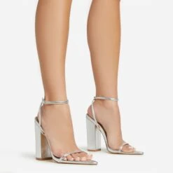 EGO Compass Ankle Strap Pointed Toe Block Heel In Silver Metallic Faux Leather