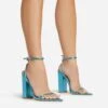 EGO Compass Ankle Strap Pointed Toe Block Heel In Blue Metallic Faux Leather -EGO shop 06 01 23 fw46042 sq