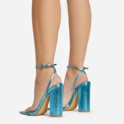 EGO Compass Ankle Strap Pointed Toe Block Heel In Blue Metallic Faux Leather -EGO shop 06 01 23 fw46044 sq