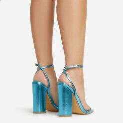 EGO Compass Ankle Strap Pointed Toe Block Heel In Blue Metallic Faux Leather -EGO shop 06 01 23 fw46045 sq
