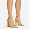 EGO Compass Ankle Strap Pointed Toe Block Heel In Gold Metallic Faux Leather -EGO shop 06 01 23 fw46047 sq