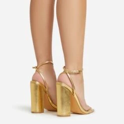 EGO Compass Ankle Strap Pointed Toe Block Heel In Gold Metallic Faux Leather -EGO shop 06 01 23 fw46050 sq