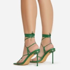 EGO Spider Lace Up Knotted Strap Detail Square Toe Thin Stiletto Heel In Green Faux Leather -EGO shop 06 01 23 fw46054 sb