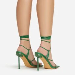 EGO Spider Lace Up Knotted Strap Detail Square Toe Thin Stiletto Heel In Green Faux Leather -EGO shop 06 01 23 fw46055 sb2