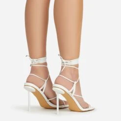 EGO Spider Lace Up Knotted Strap Detail Square Toe Thin Stiletto Heel In White Faux Leather -EGO shop 06 01 23 fw46060 sb2