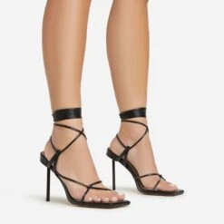 EGO Spider Lace Up Knotted Strap Detail Square Toe Thin Stiletto Heel In Black Faux Leather