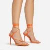 EGO Spider Lace Up Knotted Strap Detail Square Toe Thin Stiletto Heel In Orange Faux Leather -EGO shop 06 01 23 fw46067 s