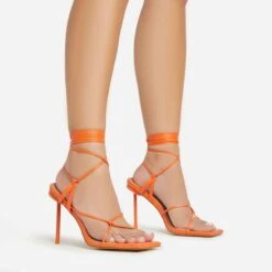 EGO Spider Lace Up Knotted Strap Detail Square Toe Thin Stiletto Heel In Orange Faux Leather